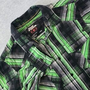 No Fear Mens Small Green Black Plaid Long Sleeve Button Down Shirt Skull Buttons